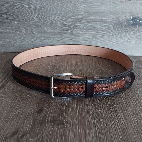 Coronado Brown Black Basket Weave Pattern Leather Belt 38 - Picture 1 of 5